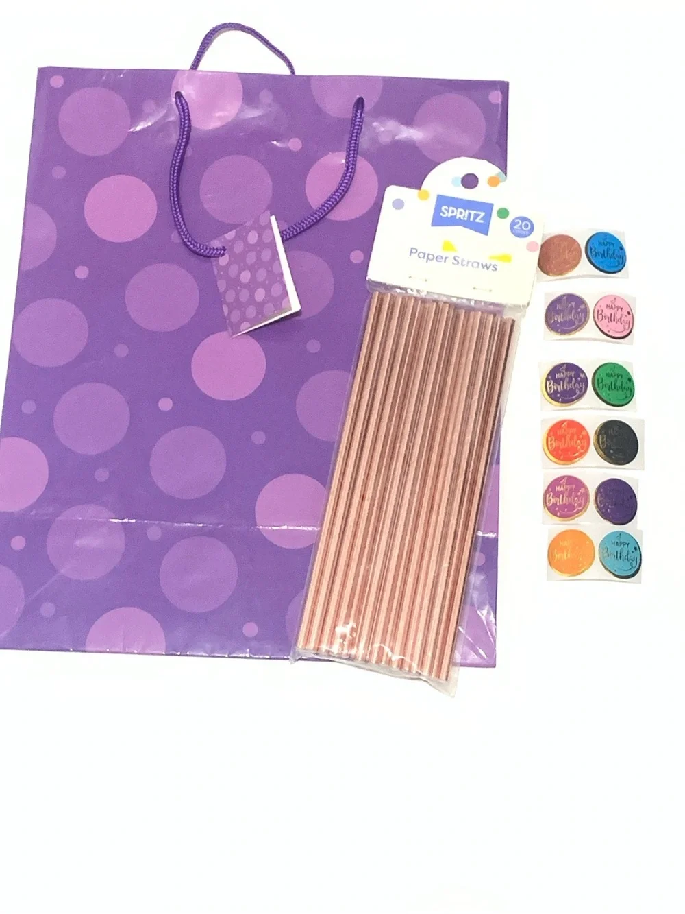 Purple Polka Dot Gift Bag with Rose Gold Party Straws and Birthday Stickers